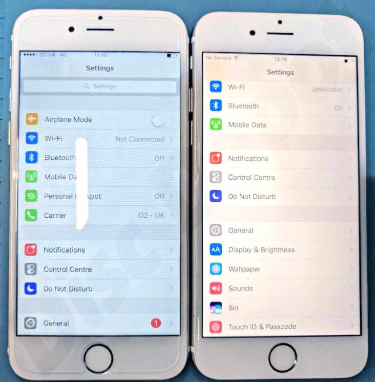 Two iPhones side by side showing the same settings screen, one with an original display and one with a copy, so the difference in white balance is visible