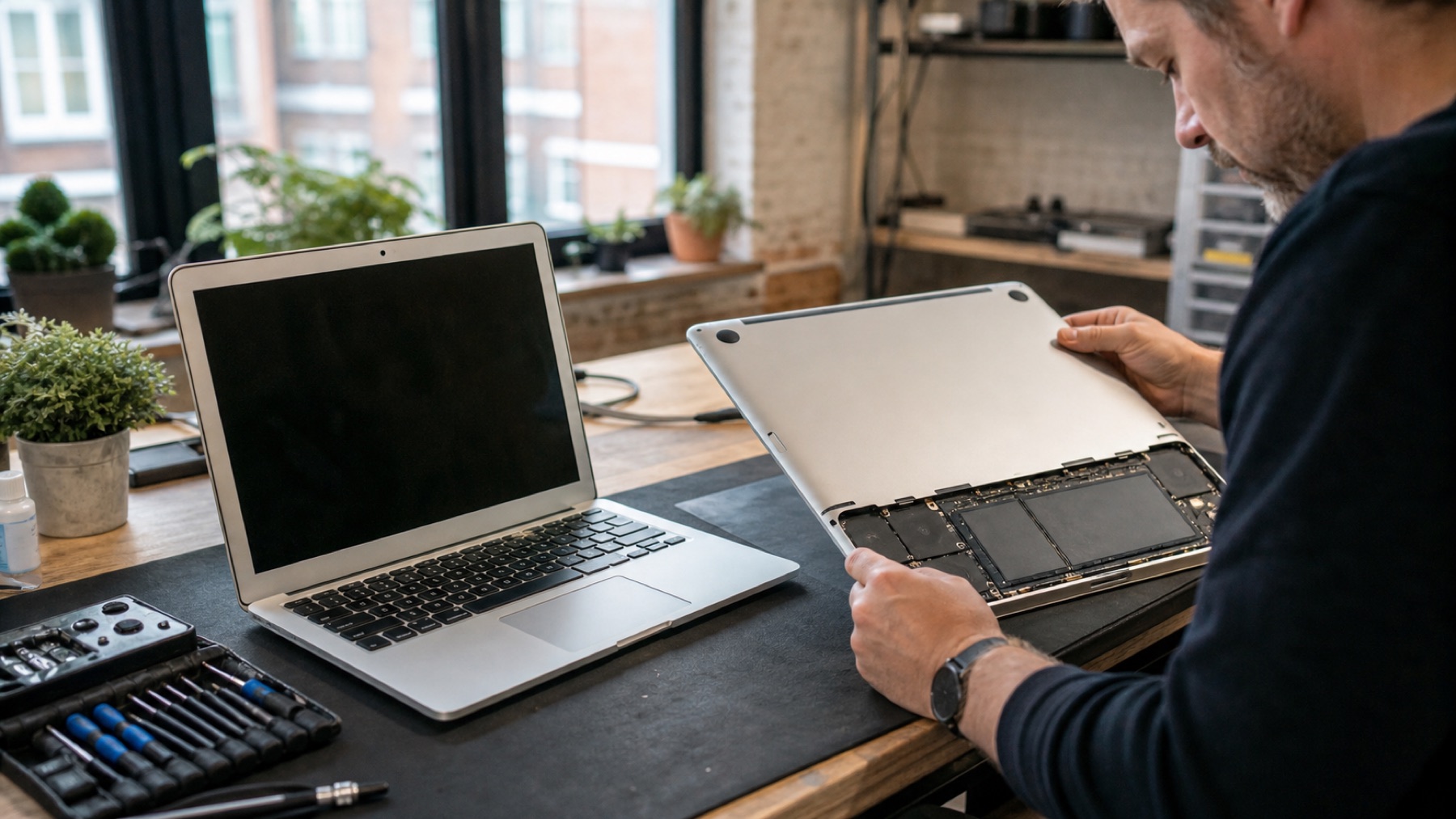 Technician comparing the condition of older and newer MacBook-style laptops