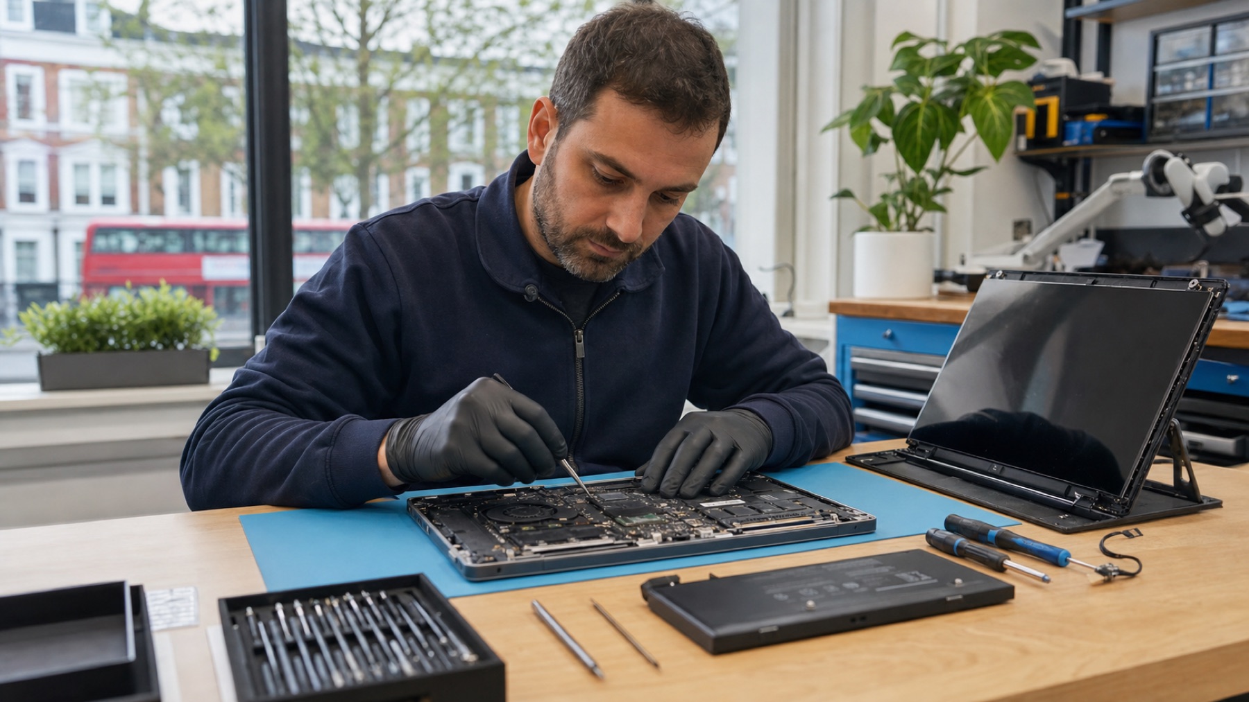 Technician assessing a laptop before preparing a repair quote