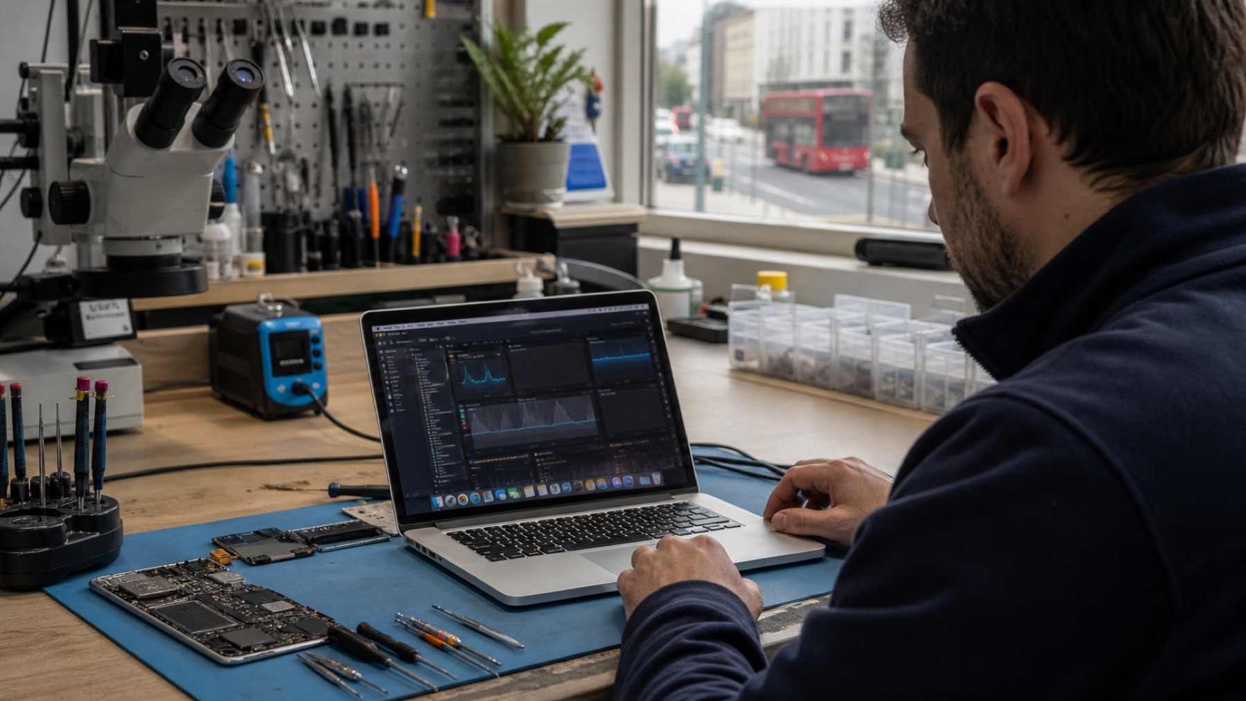Technician diagnosing why a MacBook is running slowly