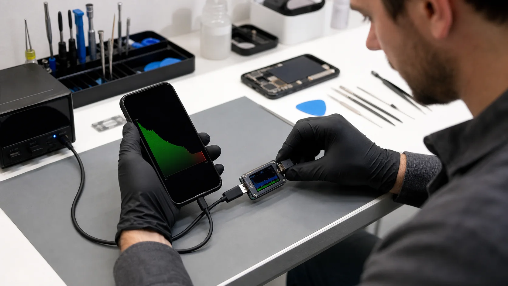 iPhone connected to power-monitoring equipment during battery diagnosis