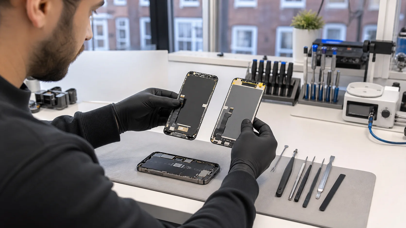 Technician comparing replacement phone display assemblies at a repair bench