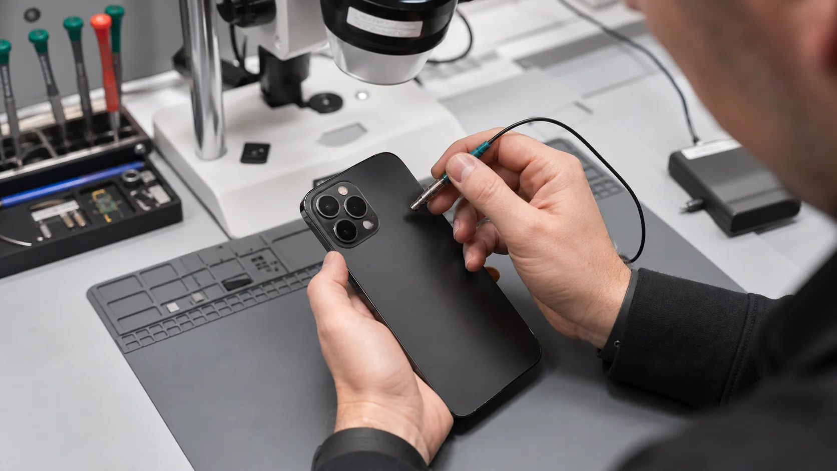 Technician inspecting an iPhone rear camera module during diagnosis