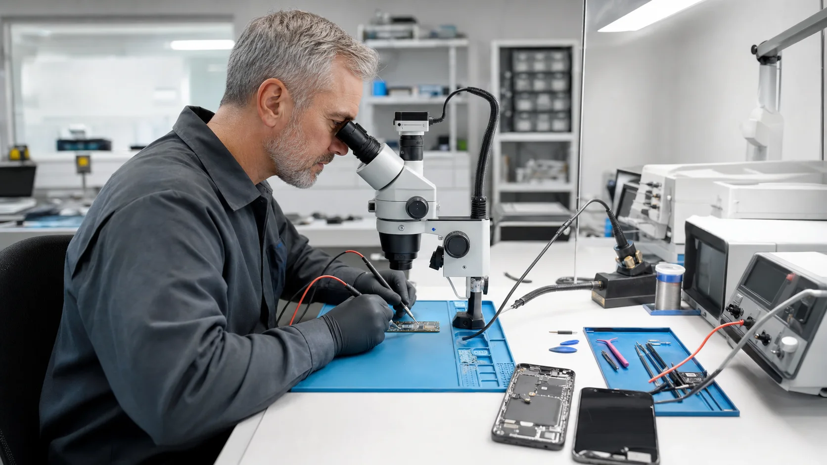 Technician inspecting an iPhone logic board under a microscope for data recovery