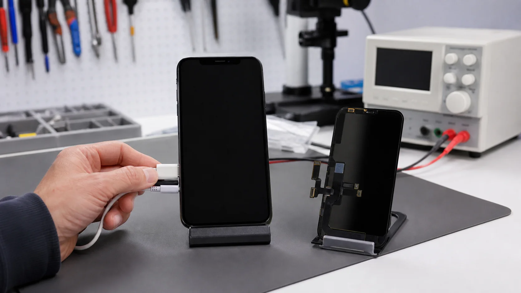 Black-screen iPhone connected to diagnostic equipment at a repair bench