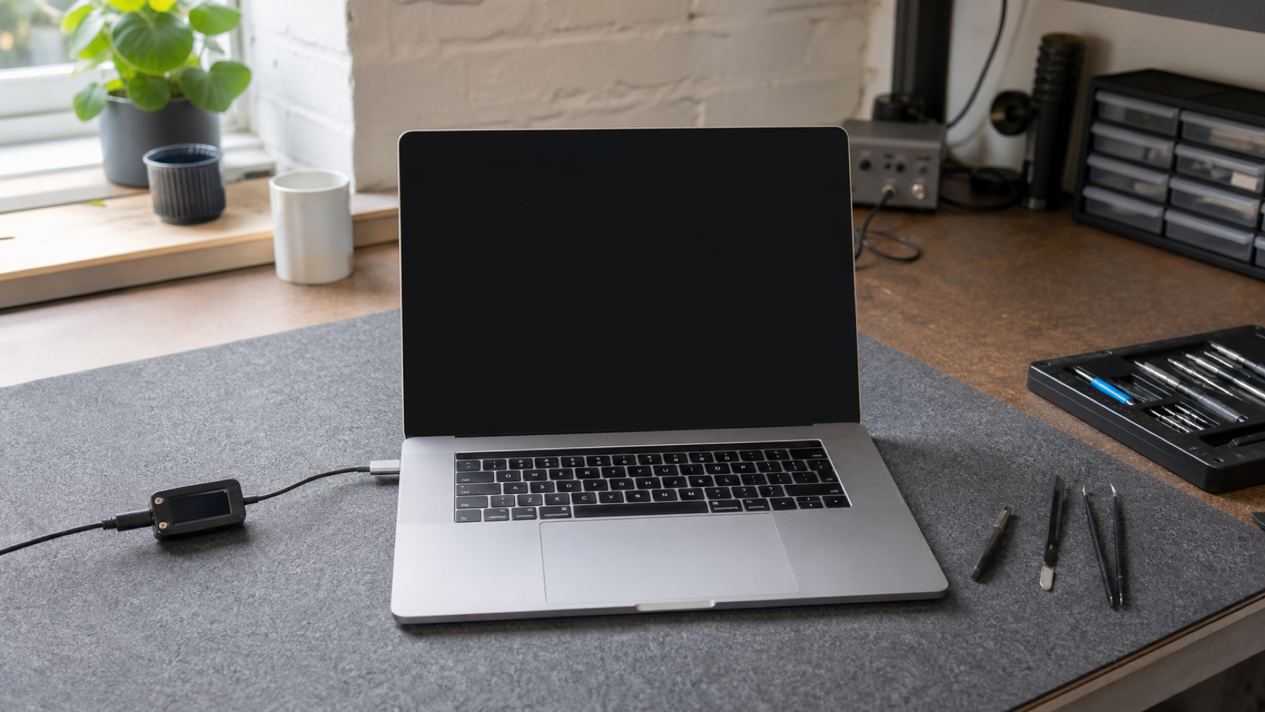 MacBook with a black screen being diagnosed on a repair bench