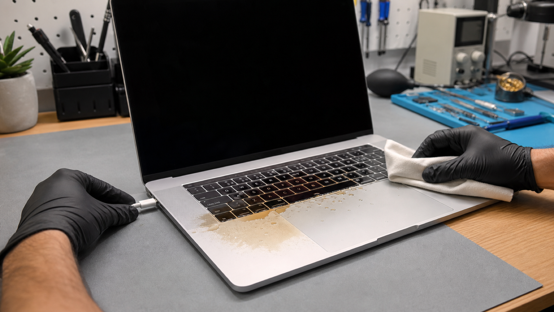 Technician unplugging a MacBook after a coffee spill