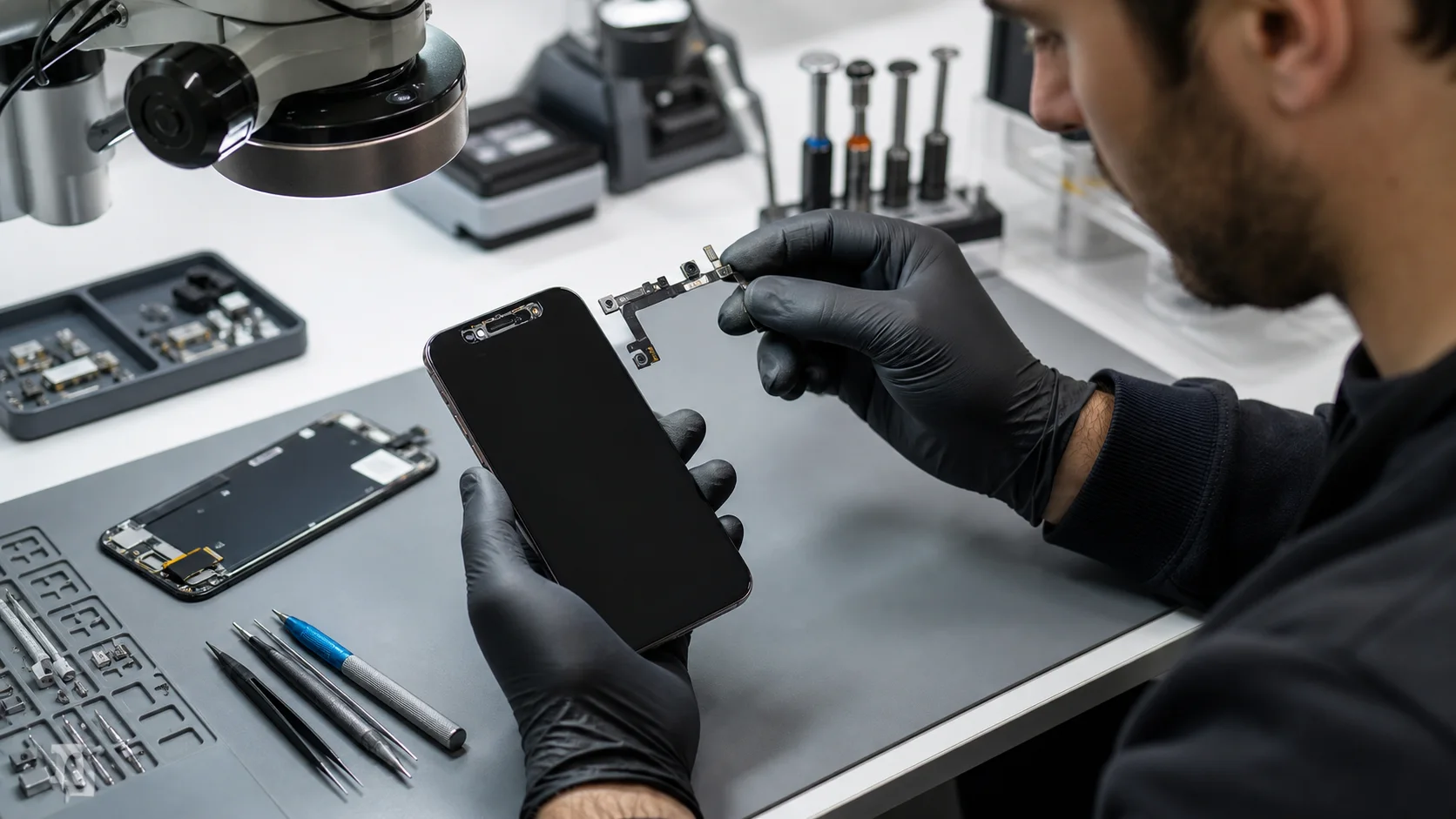Technician inspecting an iPhone front sensor assembly under magnification