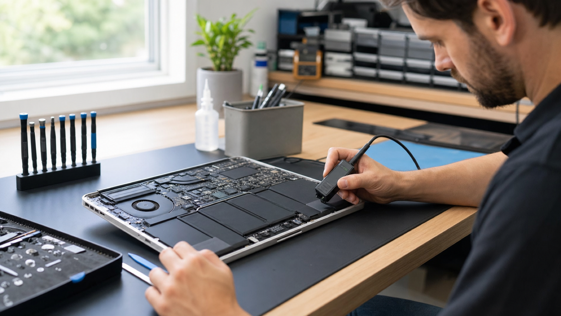 MacBook battery being assessed by a repair technician
