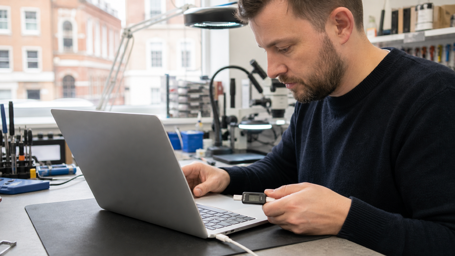 Technician testing a MacBook USB-C charging connection