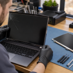 Technician inspecting a damaged laptop screen beside a replacement display