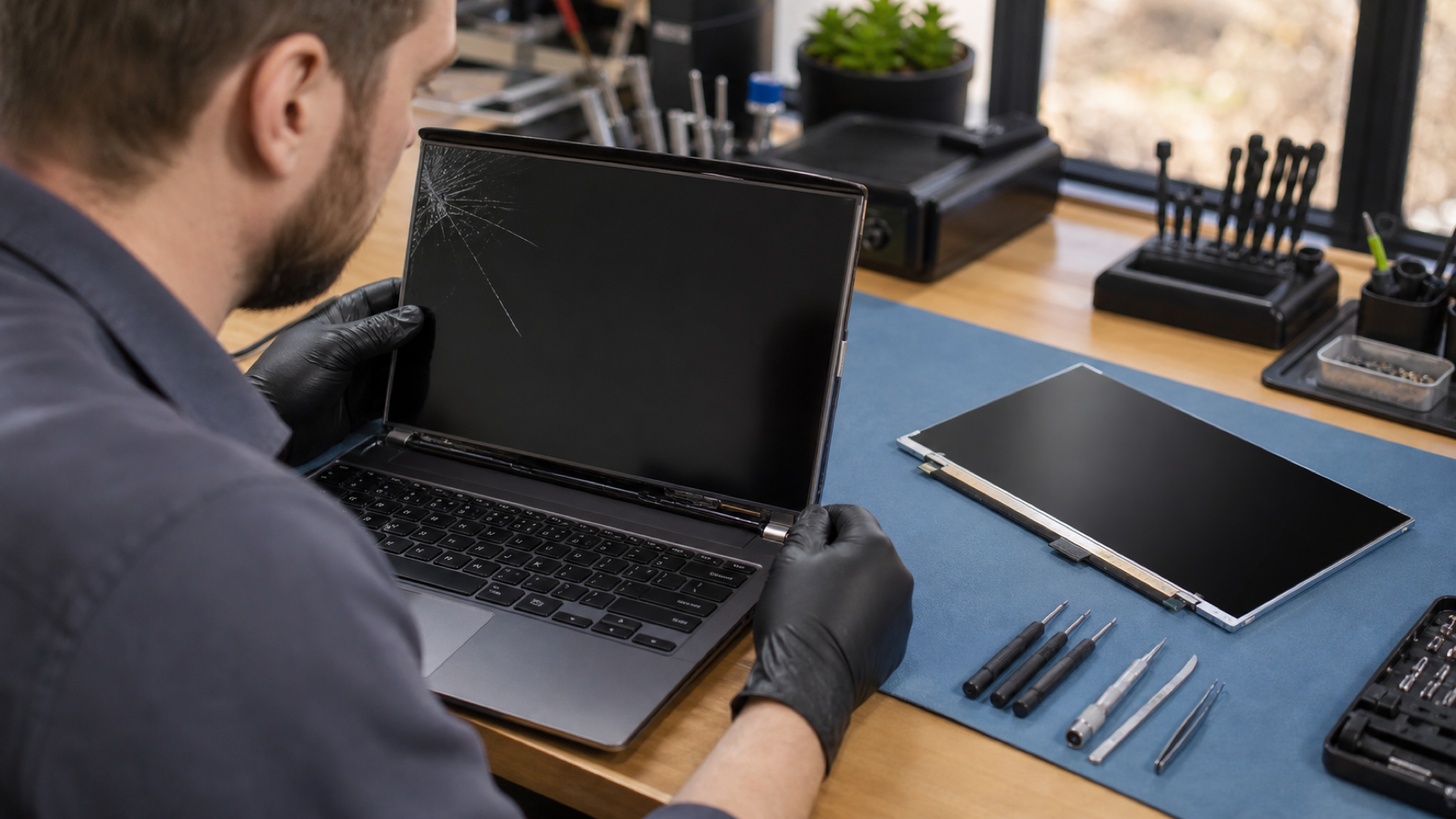 Technician inspecting a damaged laptop screen beside a replacement display