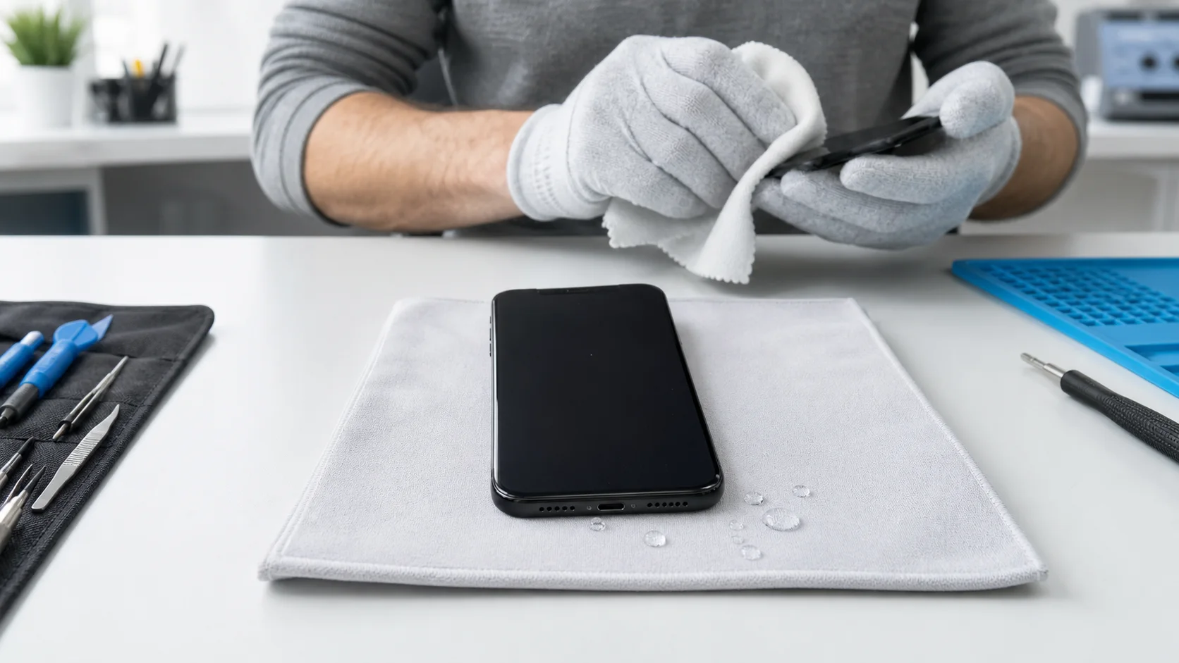 iPhone being dried at a professional repair bench after water exposure