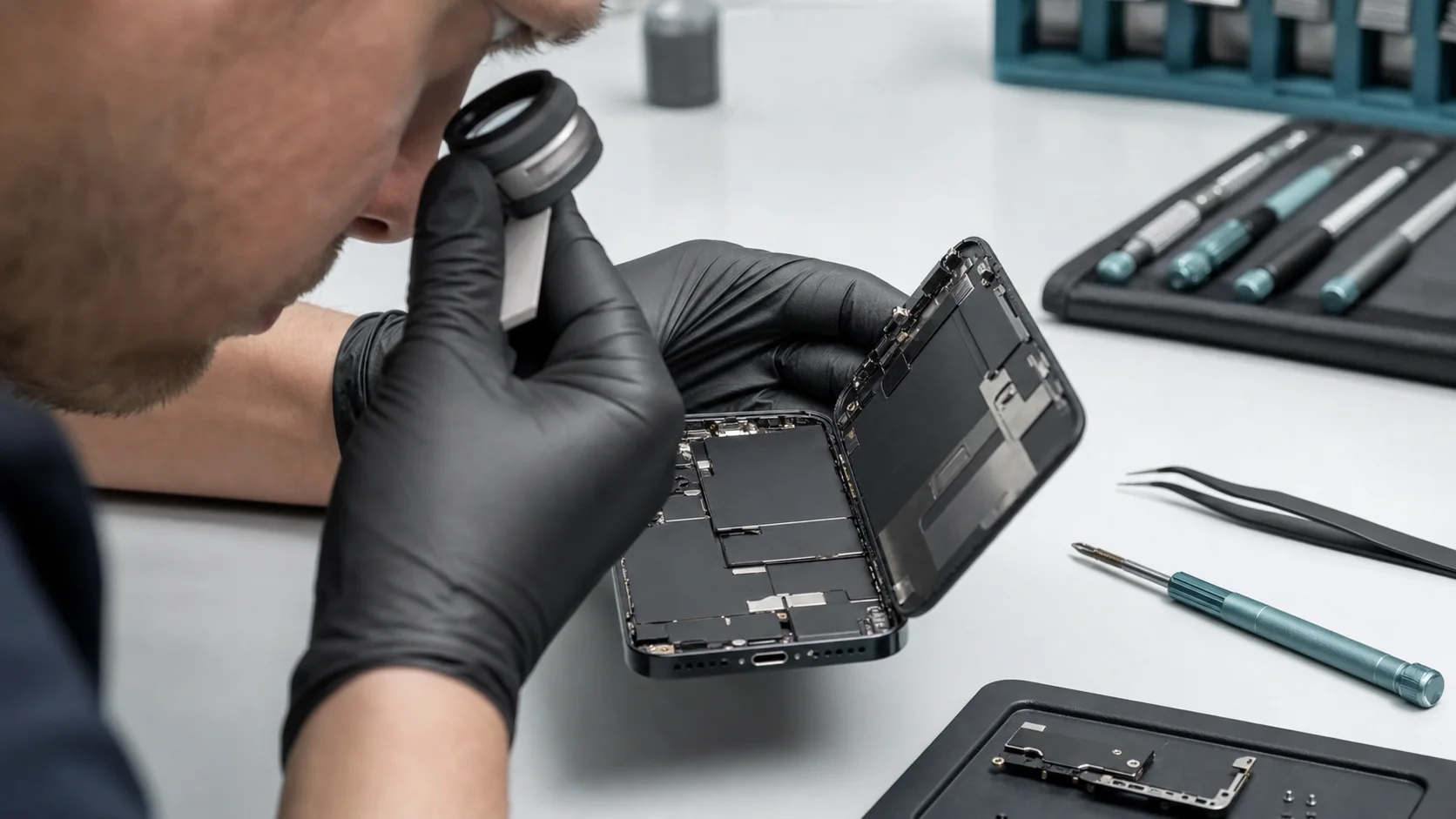 Technician inspecting an iPhone microphone and lower assembly at a repair bench