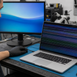 MacBook with coloured display lines being compared with an external monitor
