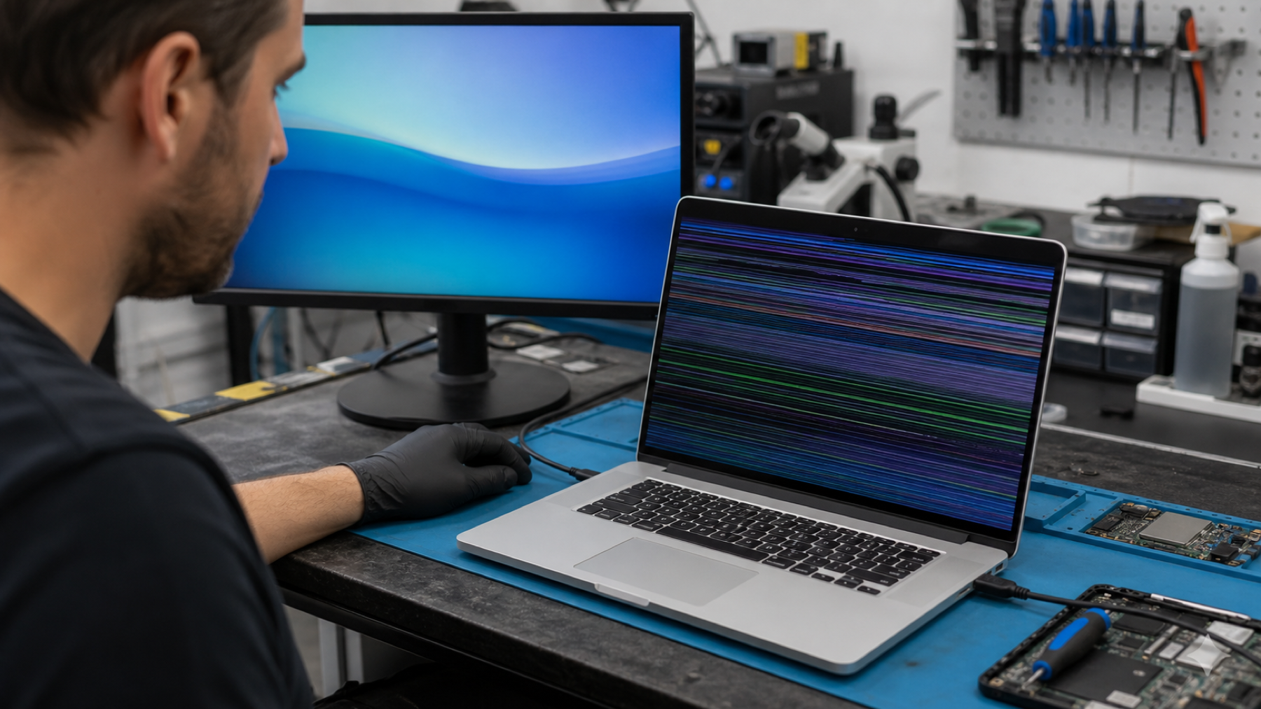 MacBook with coloured display lines being compared with an external monitor