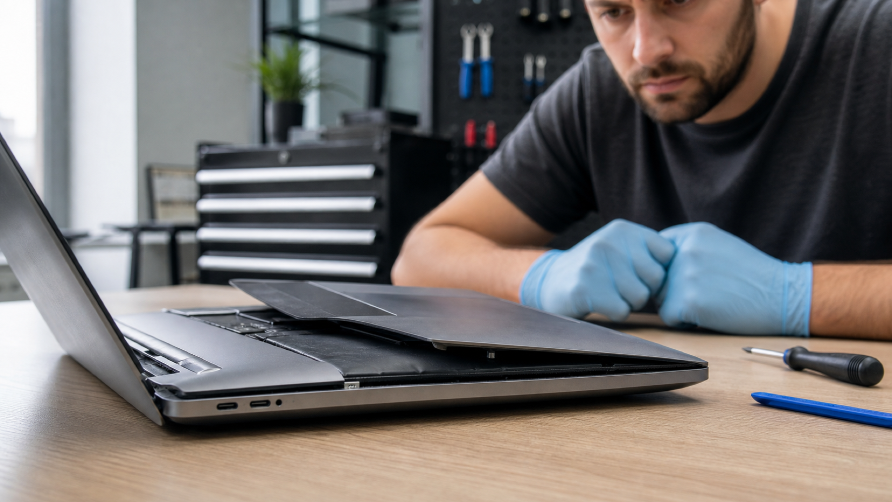 Swollen laptop battery lifting the case during a safe repair assessment