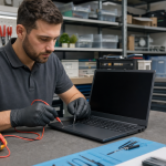 Technician diagnosing a laptop with a black screen using test equipment