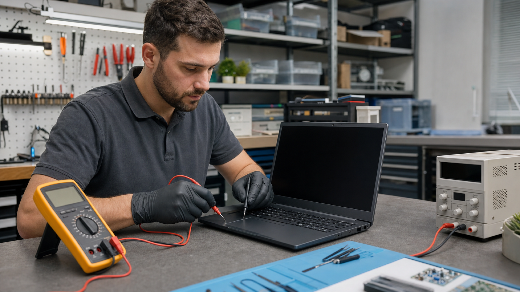 Technician diagnosing a laptop with a black screen using test equipment