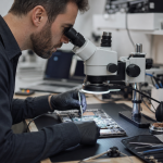 Technician inspecting a laptop logic board under a microscope