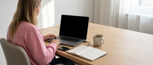A woman at a desk with a work laptop that will not turn on, its screen black
