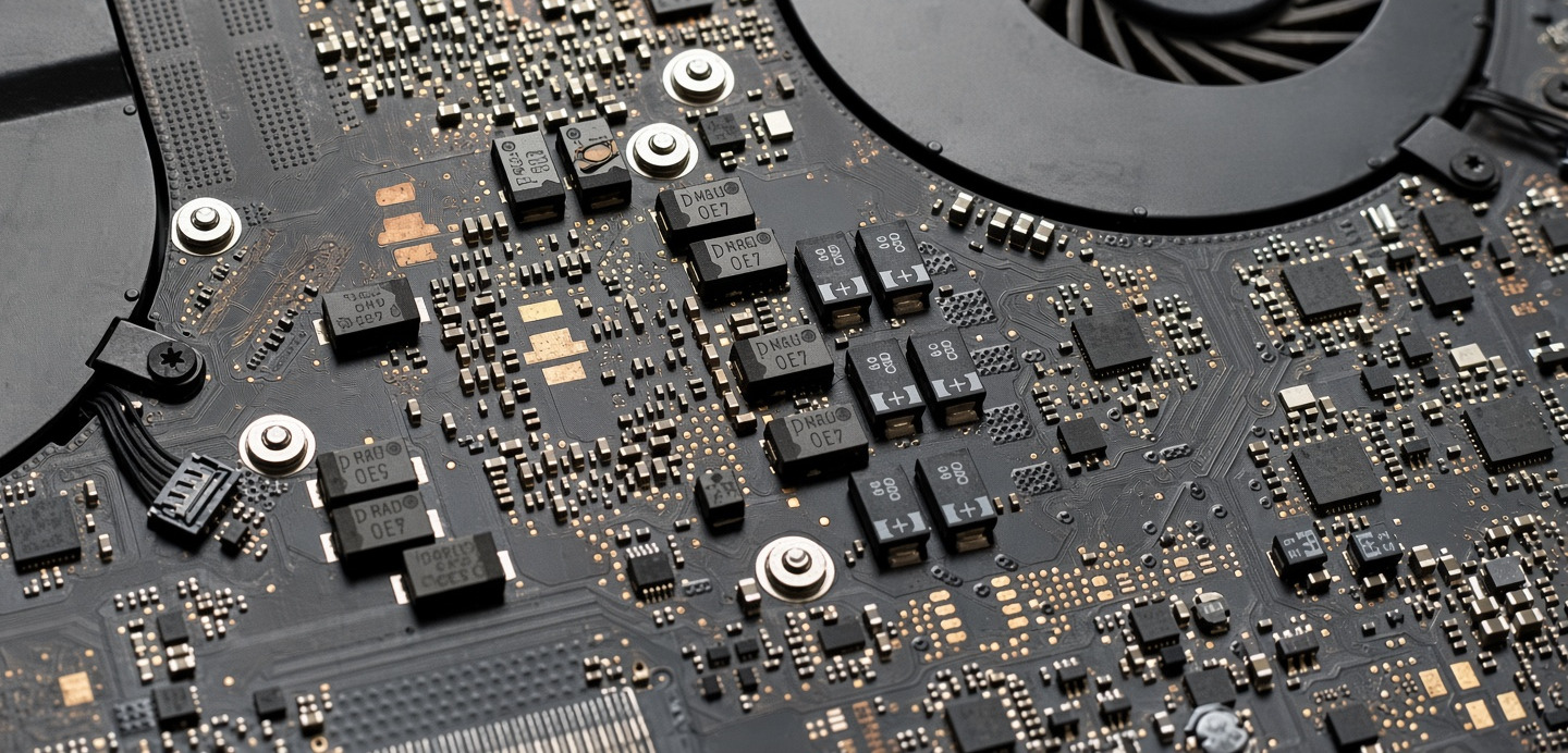Close macro of a laptop mainboard: power inductors, capacitors, integrated circuits and solder pads filling the frame.