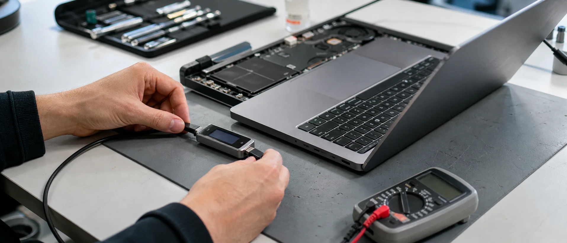 Technician checking a laptop USB-C charging connection with a power meter