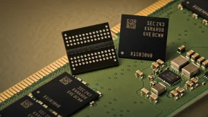 DDR5 memory chips standing upright on a green circuit board