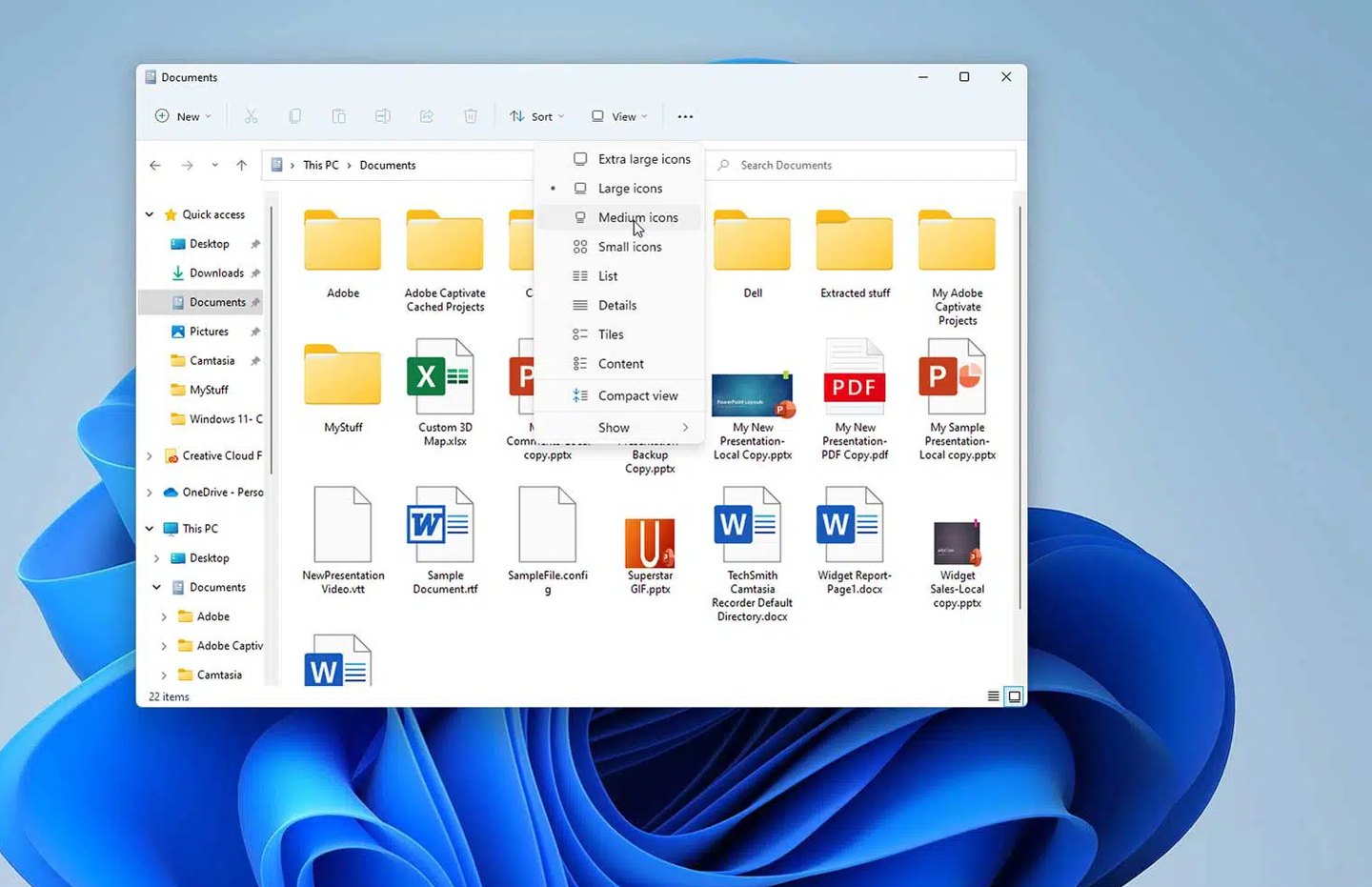Windows 11 desktop after setup, with File Explorer open on the Documents folder